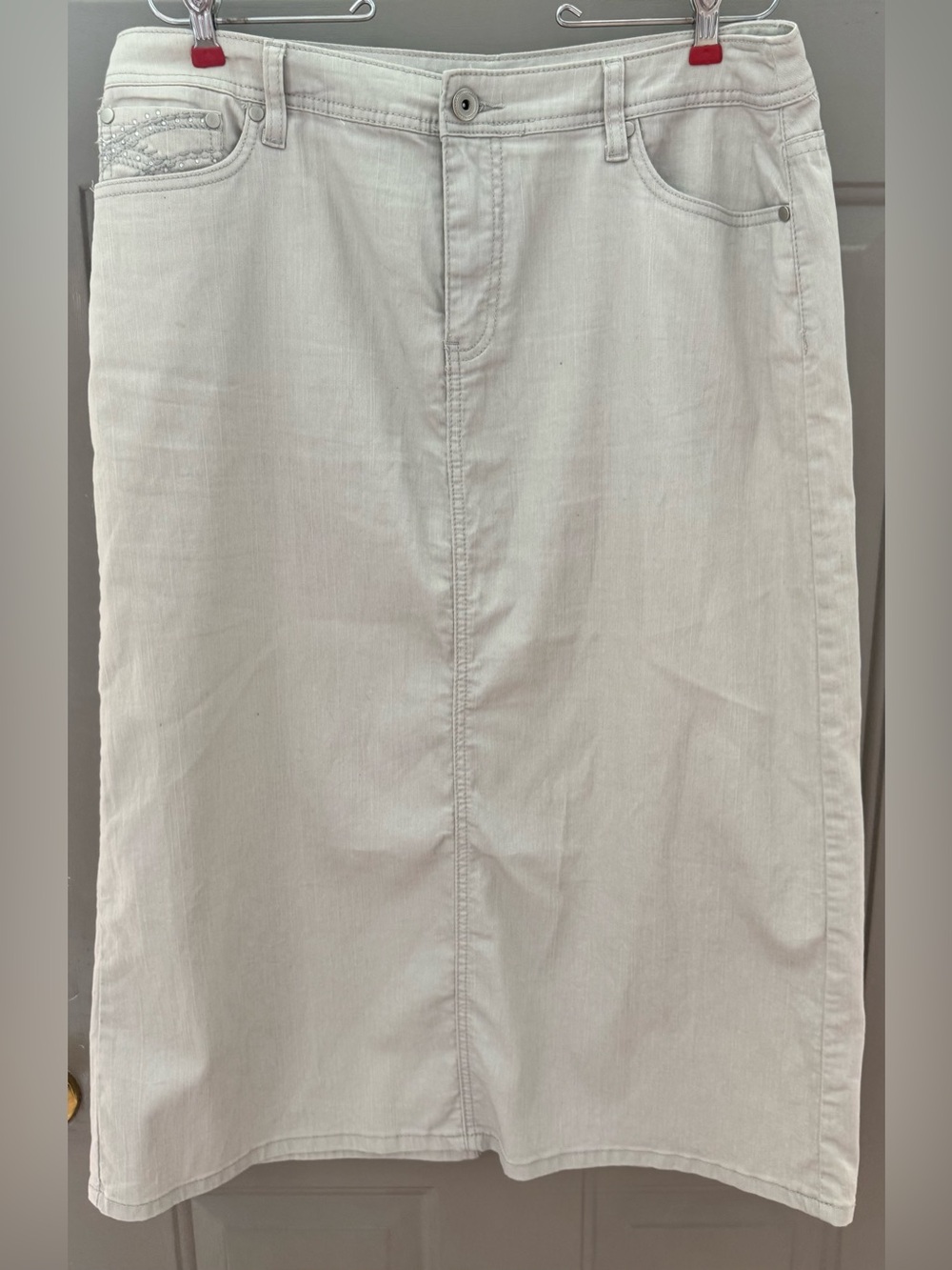 Christopher & Banks Cream Denim Midi Skirt with Embellished Pocket